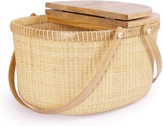 Handicraft rattan woven picnic basket shopping basket storage basket two rocker handles (gray movable double opening)