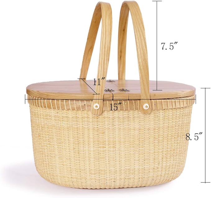 Handicraft rattan woven picnic basket shopping basket storage basket two rocker handles (gray movable double opening)