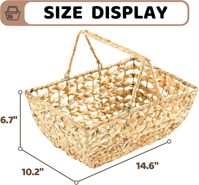 Handwoven Picnic Basket with Handles – Natural Straw Rectangular Storage Basket – 14.6 x 10.2 x 6.7 Inches
