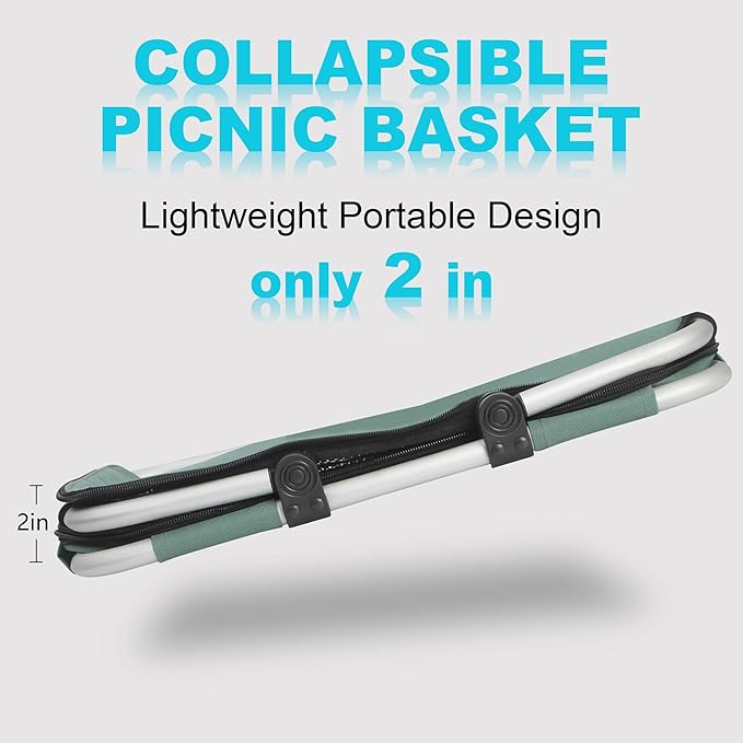 Picnic basket, foldable shopping basket with handle, 27L large shopping basket with lid, reusable foldable shopping basket, insulated cooler bag, green