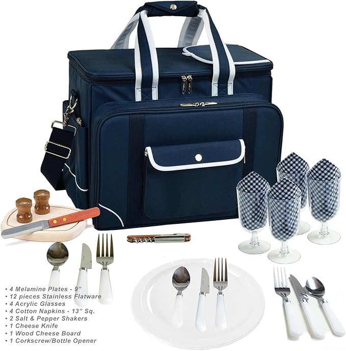 4-Person Insulated Picnic Cooler Bag Set | Portable Outdoor Picnic Backpack with Full Tableware, Glasses, Plates & Cutting Board