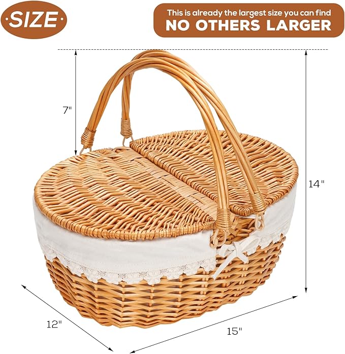 Wicker Picnic Basket with Removable Liner, Empty Picnic Baskets with Lid, Vintage-Style Picnic Hamper with Folding Woven Handle for Picnic, Camping, Outdoor, Halloween, Thanks Giving, Birthday (Cream)