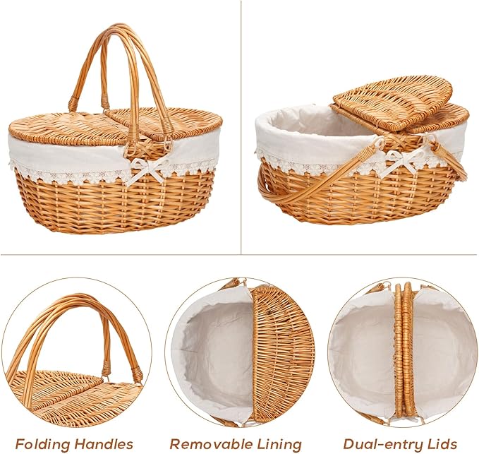 Wicker Picnic Basket with Removable Liner, Empty Picnic Baskets with Lid, Vintage-Style Picnic Hamper with Folding Woven Handle for Picnic, Camping, Outdoor, Halloween, Thanks Giving, Birthday (Cream)