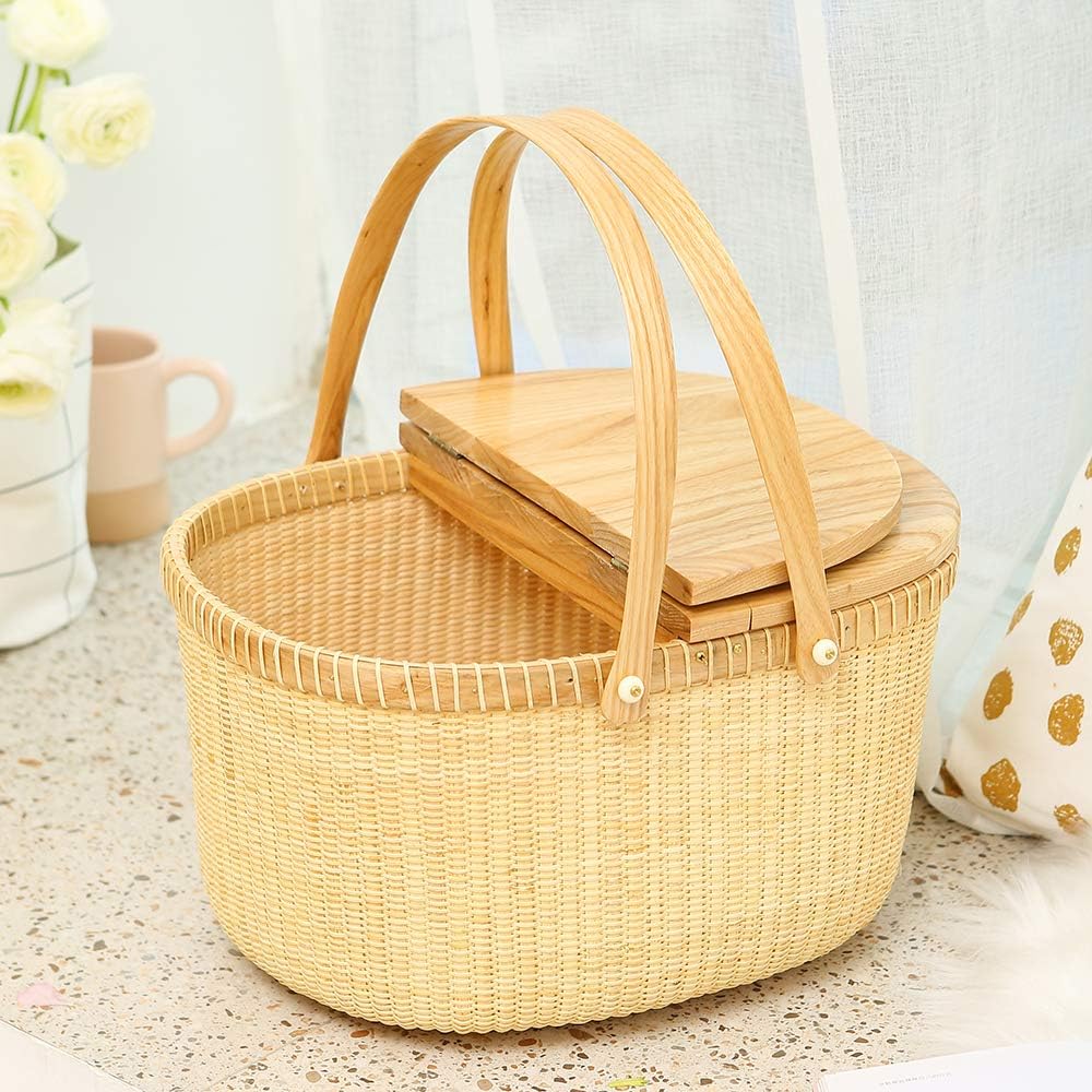 Handicraft rattan woven picnic basket shopping basket storage basket two rocker handles (gray movable double opening)