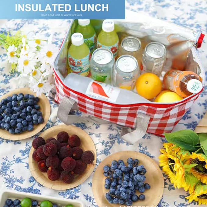 Insulated Bag Picnic Basket Bags Beach Bag Foldable Cooler Bag Reusable with Zippered top-for Warm or Cold Picnic Accessories, Outdoor(13.8x7.9x7.9 in)