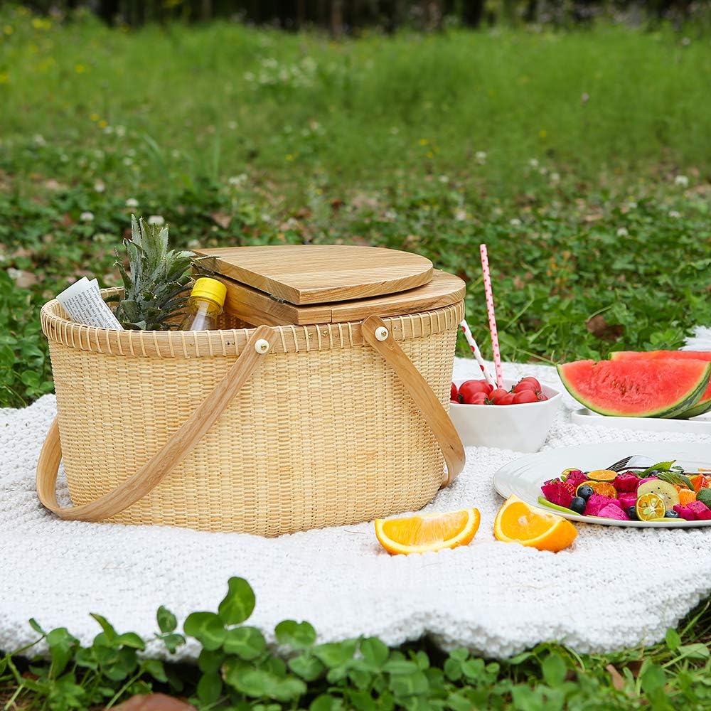 Handicraft rattan woven picnic basket shopping basket storage basket two rocker handles (gray movable double opening)
