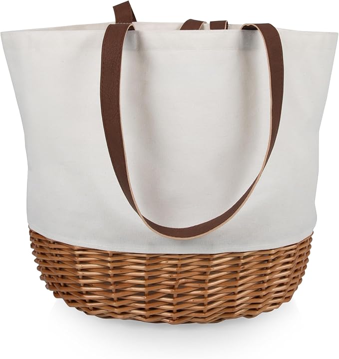 2-Person Picnic Basket Tote | Wicker Base & Canvas Body | Large-Capacity Portable Handbag for Outdoor Lunch and Travel