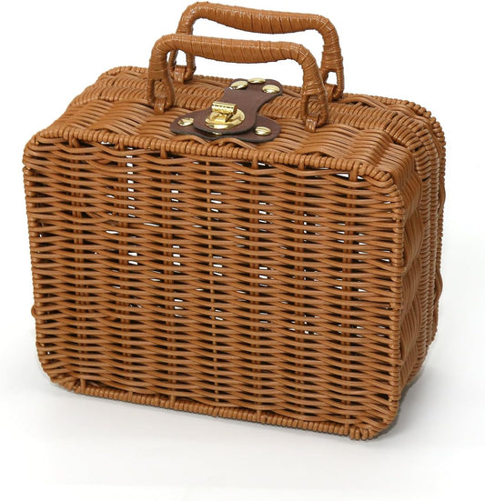 Wicker Picnic Basket, Decorative Prop Suitcase Vintage Storage Hamper Makeup Organizer, Metal Lock Plastic Rattan Storage Box with Handles for Sundries Travel Camping and Outdoor Party (Brown, Small)