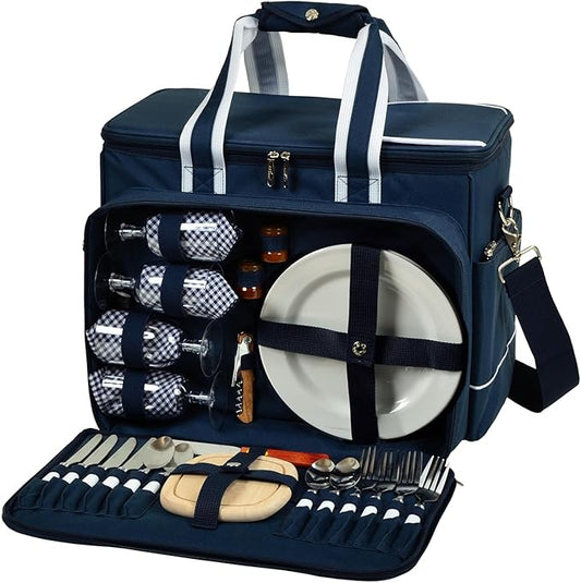 4-Person Insulated Picnic Cooler Bag Set | Portable Outdoor Picnic Backpack with Full Tableware, Glasses, Plates & Cutting Board