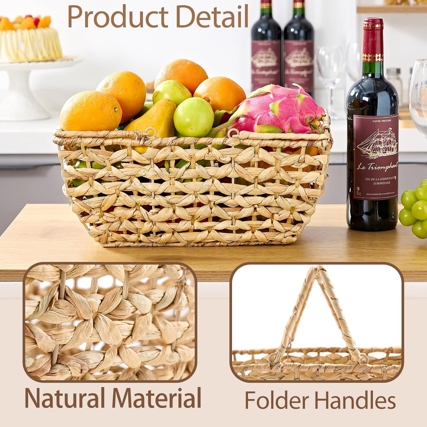 Handwoven Picnic Basket with Handles – Natural Straw Rectangular Storage Basket – 14.6 x 10.2 x 6.7 Inches