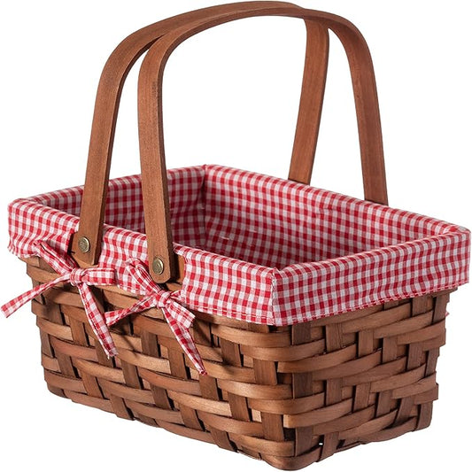 Small rectangular wood chip picnic basket with double folding handles, natural hand woven basket lined with plaid red and white lining, perfect for gift giving