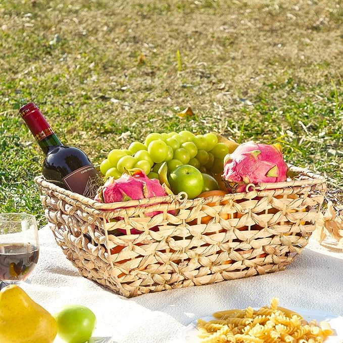Handwoven Picnic Basket with Handles – Natural Straw Rectangular Storage Basket – 14.6 x 10.2 x 6.7 Inches
