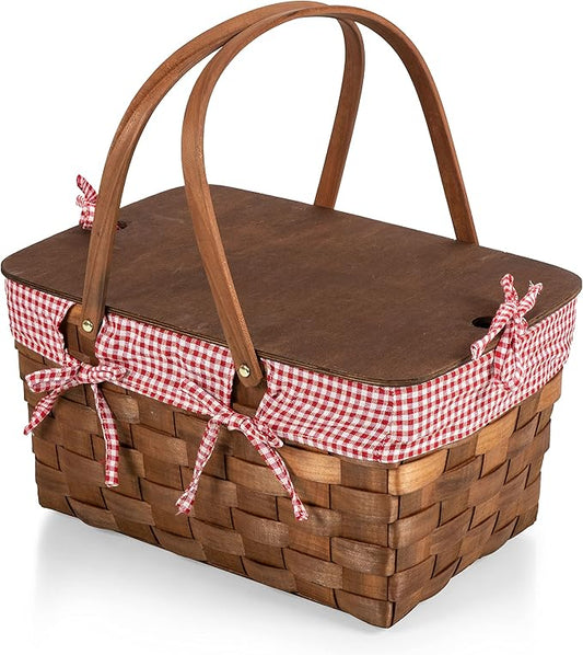Classic Handwoven Wooden Picnic Basket | Dual Folding Handles & Hinged Wooden Lid | Gingham Fabric Lining | Vintage Outdoor Organizer