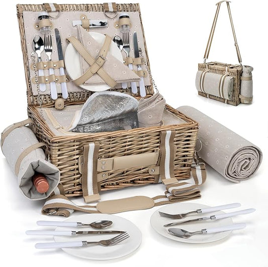 31-Piece Picnic Basket Set for 4 | Handmade Wicker Basket with Tableware, Blanket, Wine Holder & Shoulder Strap | Outdoor Travel Dining Kit