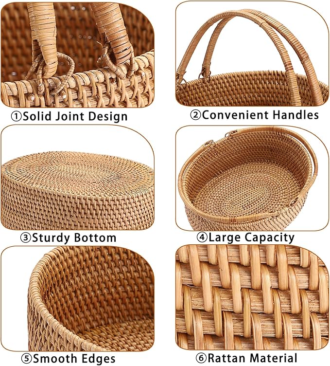 Picnic basket with handle, rattan woven gift basket for fruit, wine and flowers, lightweight wicker storage box, cute picnic supplies storage box, suitable for outdoor, camping, wedding, Easter, Christmas