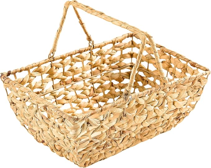Handwoven Picnic Basket with Handles – Natural Straw Rectangular Storage Basket – 14.6 x 10.2 x 6.7 Inches