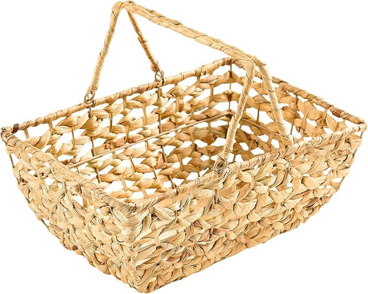 Handwoven Picnic Basket with Handles – Natural Straw Rectangular Storage Basket – 14.6 x 10.2 x 6.7 Inches