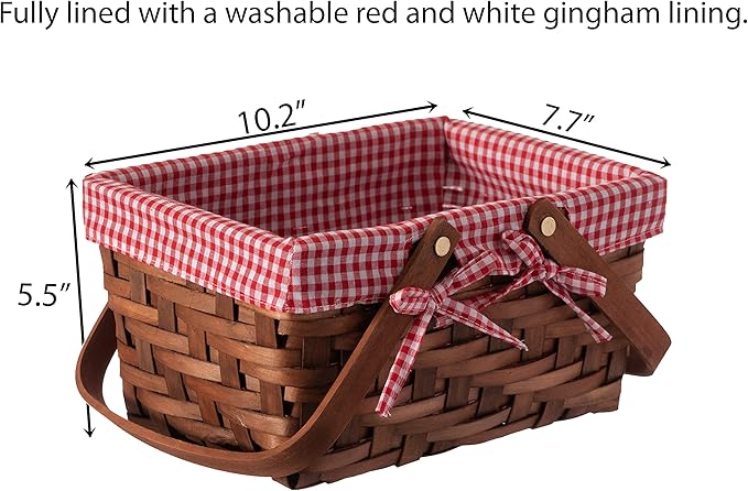 Small rectangular wood chip picnic basket with double folding handles, natural hand woven basket lined with plaid red and white lining, perfect for gift giving