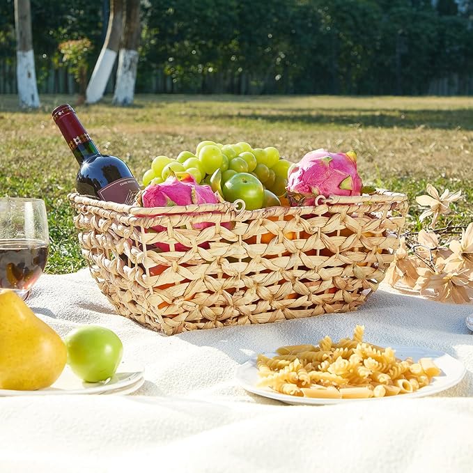 Handwoven Picnic Basket with Handles – Natural Straw Rectangular Storage Basket – 14.6 x 10.2 x 6.7 Inches