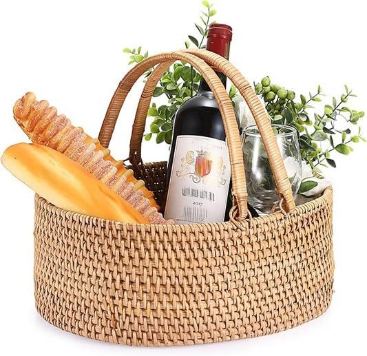 Picnic basket with handle, rattan woven gift basket for fruit, wine and flowers, lightweight wicker storage box, cute picnic supplies storage box, suitable for outdoor, camping, wedding, Easter, Christmas