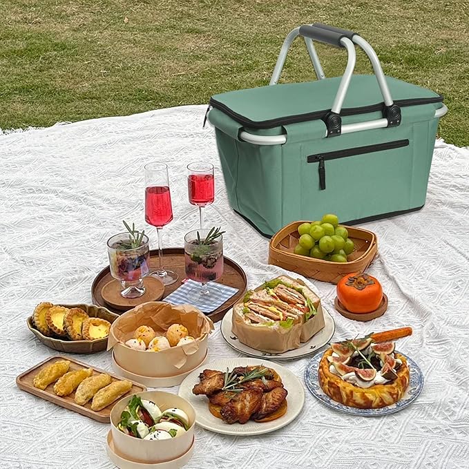 Picnic basket, foldable shopping basket with handle, 27L large shopping basket with lid, reusable foldable shopping basket, insulated cooler bag, green