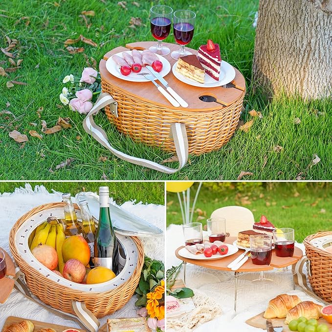 4 Person Picnic Basket, Insulated Wicker Basket with Folding Table, Wicker Picnic Basket Set with Large Insulated Cooler Bag for Outdoor Camping (Beige)