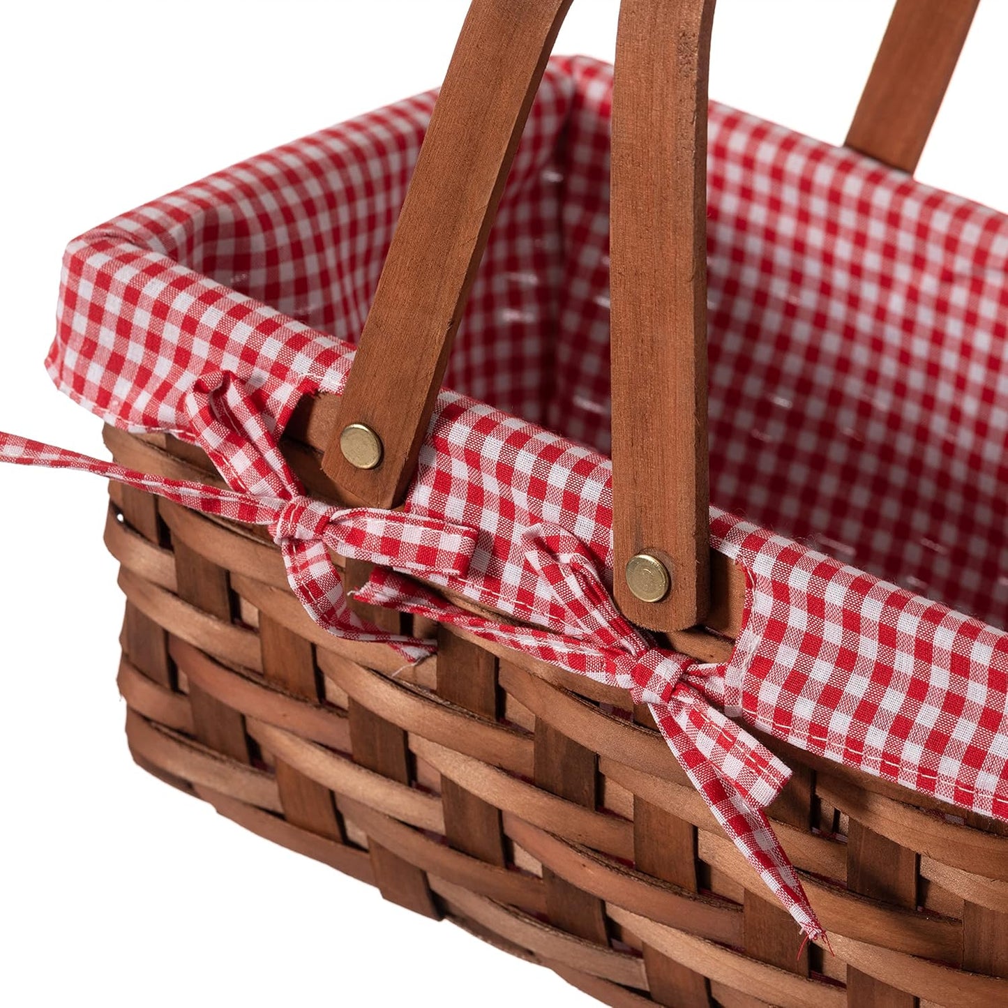 Small rectangular wood chip picnic basket with double folding handles, natural hand woven basket lined with plaid red and white lining, perfect for gift giving