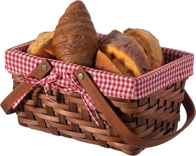 Small rectangular wood chip picnic basket with double folding handles, natural hand woven basket lined with plaid red and white lining, perfect for gift giving