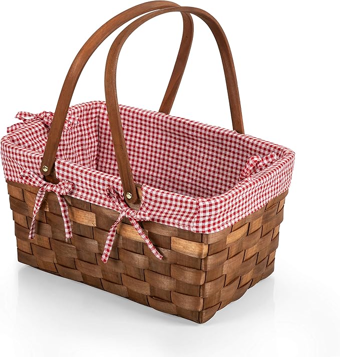 Classic Handwoven Wooden Picnic Basket | Dual Folding Handles & Hinged Wooden Lid | Gingham Fabric Lining | Vintage Outdoor Organizer