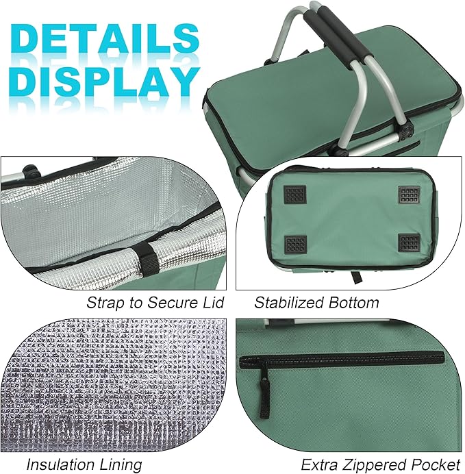 Picnic basket, foldable shopping basket with handle, 27L large shopping basket with lid, reusable foldable shopping basket, insulated cooler bag, green