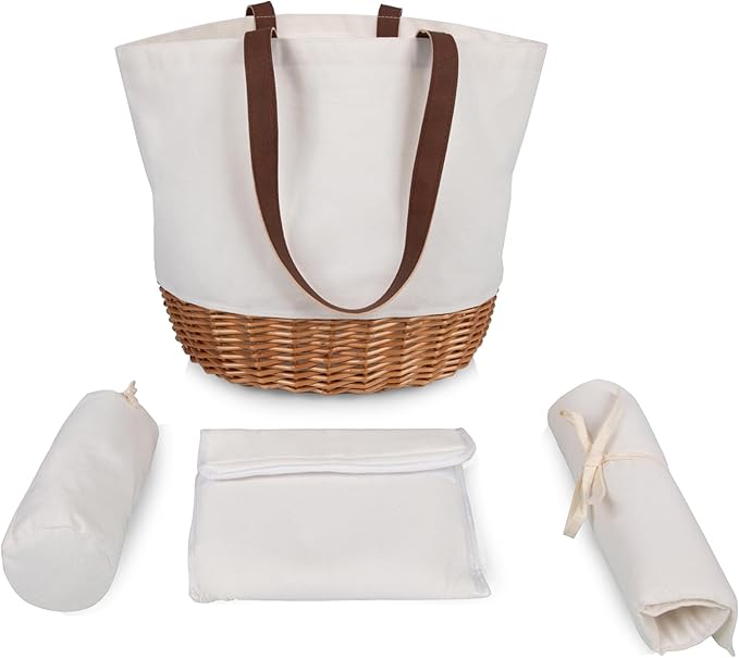 2-Person Picnic Basket Tote | Wicker Base &amp; Canvas Body | Large-Capacity Portable Handbag for Outdoor Lunch and Travel