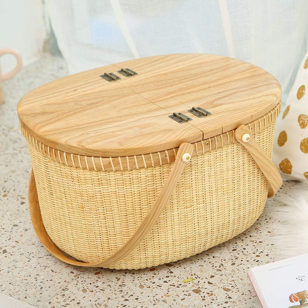Handicraft rattan woven picnic basket shopping basket storage basket two rocker handles (gray movable double opening)