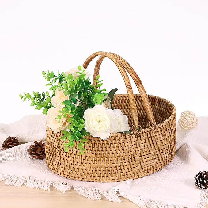 Picnic basket with handle, rattan woven gift basket for fruit, wine and flowers, lightweight wicker storage box, cute picnic supplies storage box, suitable for outdoor, camping, wedding, Easter, Christmas
