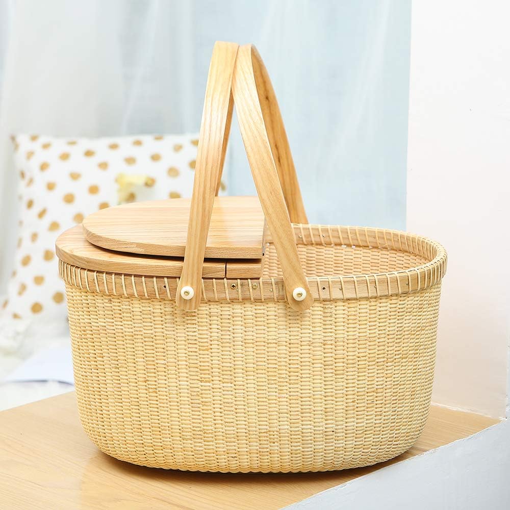 Handicraft rattan woven picnic basket shopping basket storage basket two rocker handles (gray movable double opening)