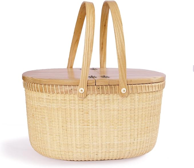 Handicraft rattan woven picnic basket shopping basket storage basket two rocker handles (gray movable double opening)