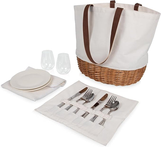 2-Person Picnic Basket Tote | Wicker Base &amp; Canvas Body | Large-Capacity Portable Handbag for Outdoor Lunch and Travel
