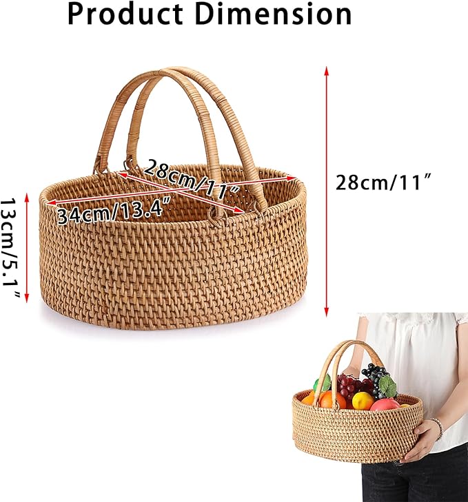 Picnic basket with handle, rattan woven gift basket for fruit, wine and flowers, lightweight wicker storage box, cute picnic supplies storage box, suitable for outdoor, camping, wedding, Easter, Christmas