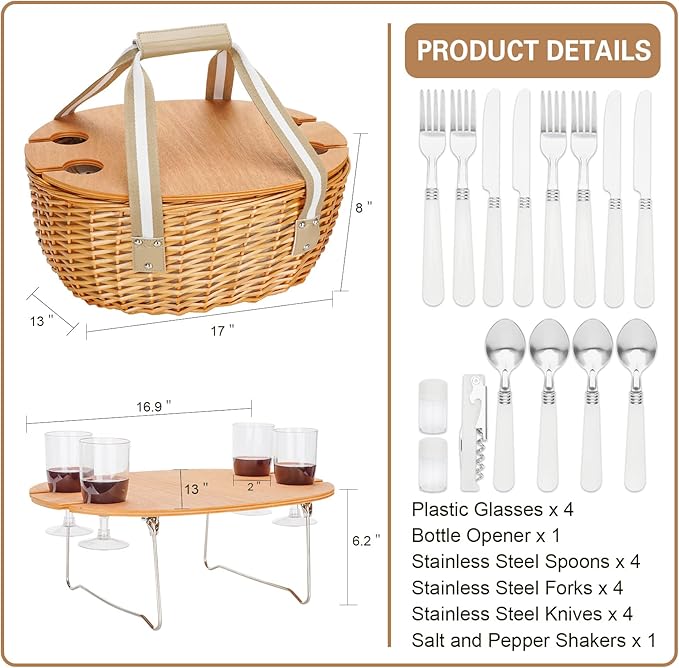 4 Person Picnic Basket, Insulated Wicker Basket with Folding Table, Wicker Picnic Basket Set with Large Insulated Cooler Bag for Outdoor Camping (Beige)