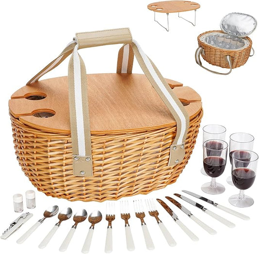 4 Person Picnic Basket, Insulated Wicker Basket with Folding Table, Wicker Picnic Basket Set with Large Insulated Cooler Bag for Outdoor Camping (Beige)