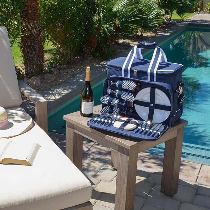 4-Person Insulated Picnic Cooler Bag Set | Portable Outdoor Picnic Backpack with Full Tableware, Glasses, Plates &amp; Cutting Board