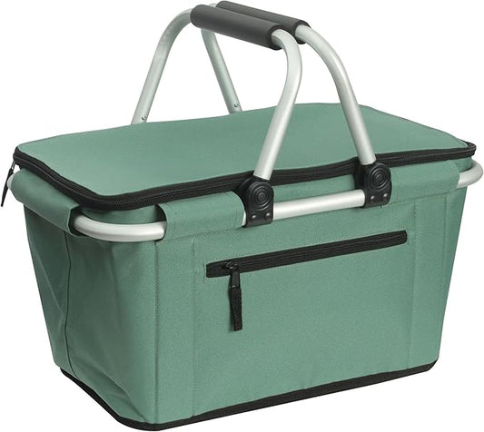 Picnic basket, foldable shopping basket with handle, 27L large shopping basket with lid, reusable foldable shopping basket, insulated cooler bag, green