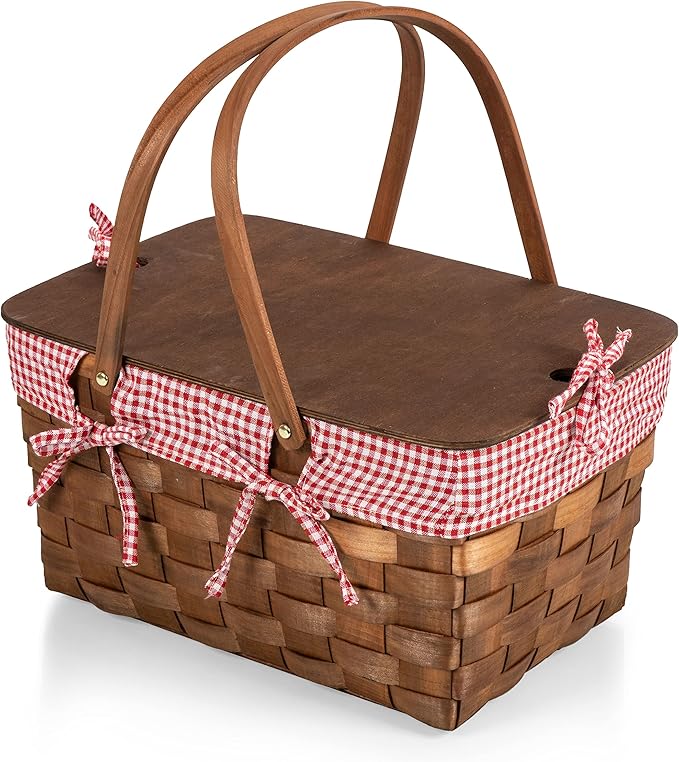 Classic Handwoven Wooden Picnic Basket | Dual Folding Handles &amp; Hinged Wooden Lid | Gingham Fabric Lining | Vintage Outdoor Organizer