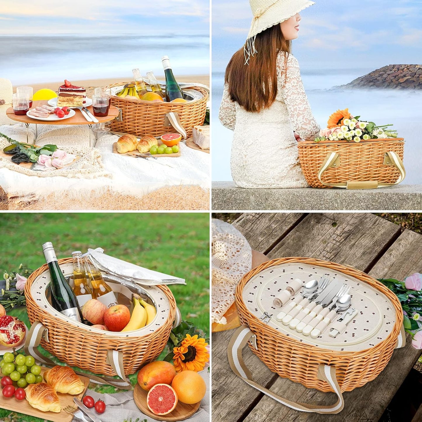 4 Person Picnic Basket, Insulated Wicker Basket with Folding Table, Wicker Picnic Basket Set with Large Insulated Cooler Bag for Outdoor Camping (Beige)