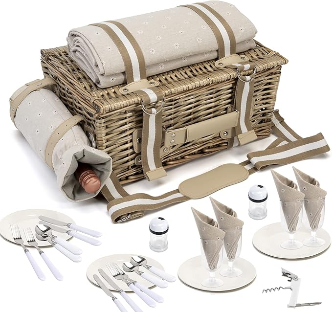31-Piece Picnic Basket Set for 4 | Handmade Wicker Basket with Tableware, Blanket, Wine Holder &amp; Shoulder Strap | Outdoor Travel Dining Kit