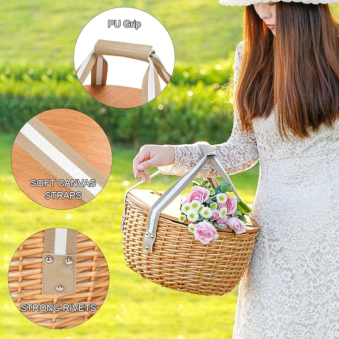 4 Person Picnic Basket, Insulated Wicker Basket with Folding Table, Wicker Picnic Basket Set with Large Insulated Cooler Bag for Outdoor Camping (Beige)