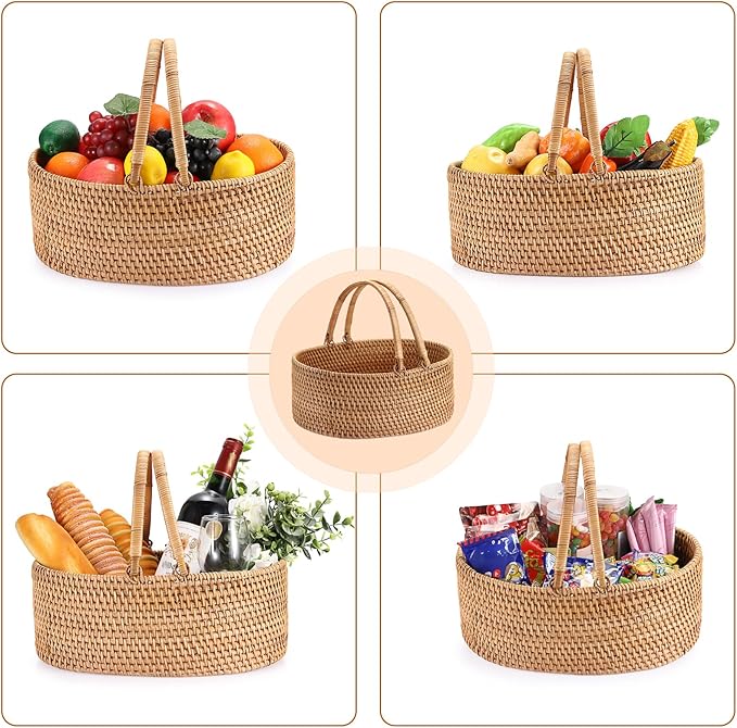 Picnic basket with handle, rattan woven gift basket for fruit, wine and flowers, lightweight wicker storage box, cute picnic supplies storage box, suitable for outdoor, camping, wedding, Easter, Christmas
