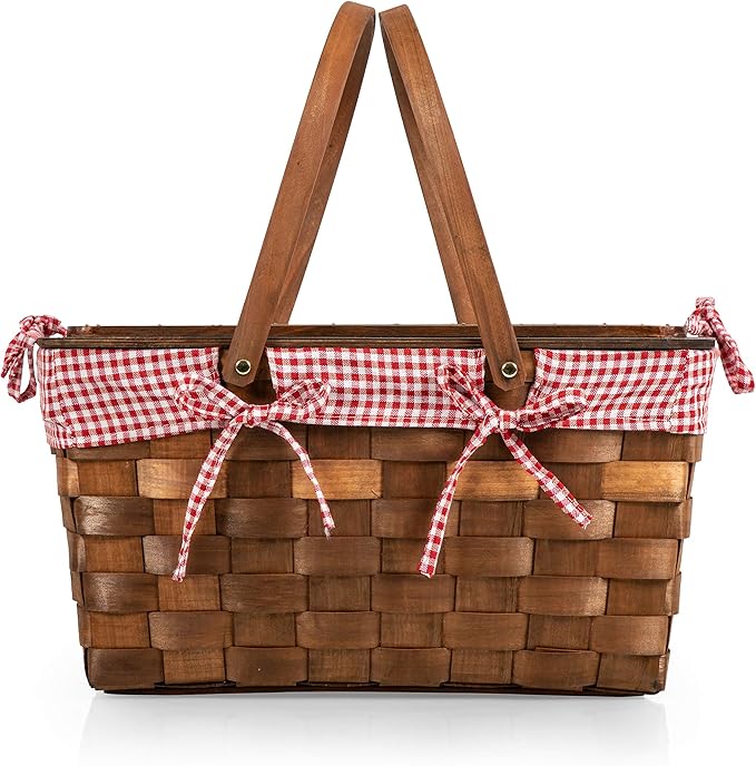 Classic Handwoven Wooden Picnic Basket | Dual Folding Handles &amp; Hinged Wooden Lid | Gingham Fabric Lining | Vintage Outdoor Organizer