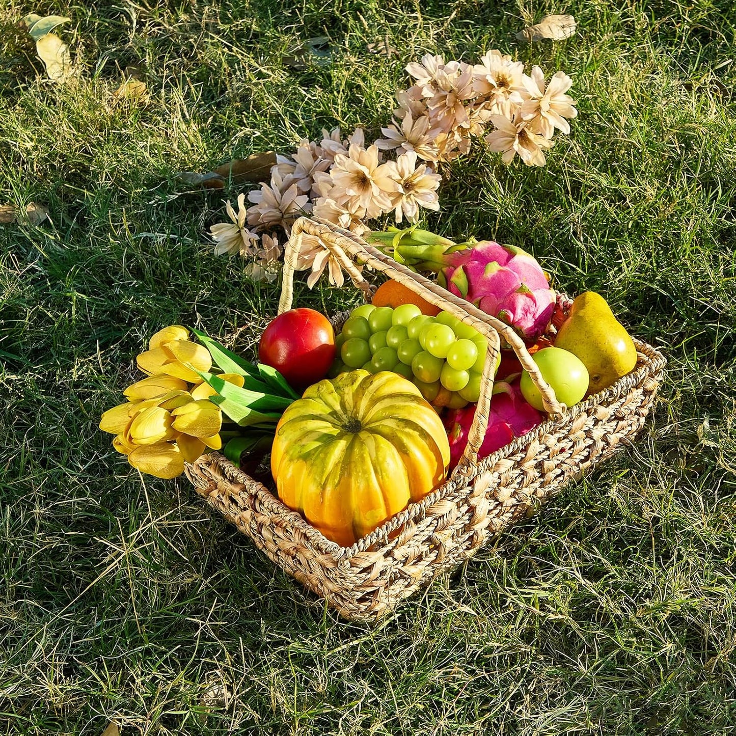 Handwoven Picnic Basket with Handles – Natural Straw Rectangular Storage Basket – 14.6 x 10.2 x 6.7 Inches