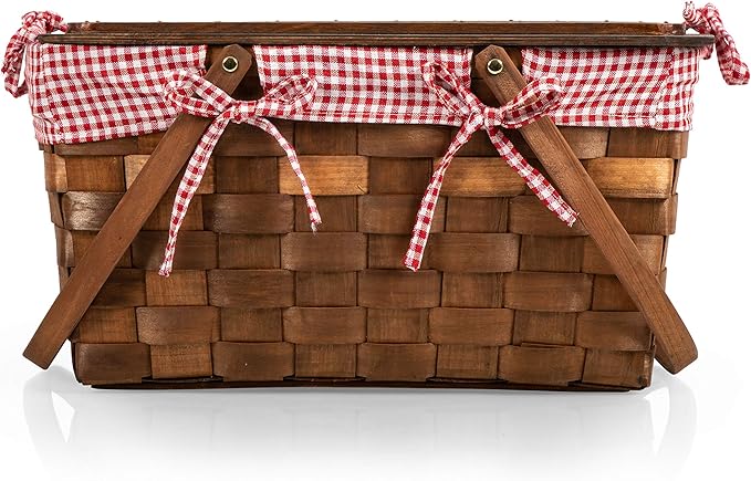Classic Handwoven Wooden Picnic Basket | Dual Folding Handles &amp; Hinged Wooden Lid | Gingham Fabric Lining | Vintage Outdoor Organizer
